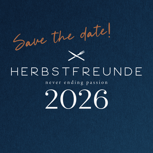 Save the date announcement for HERBSTFREUNDE 2026 with cutlery icon and slogan