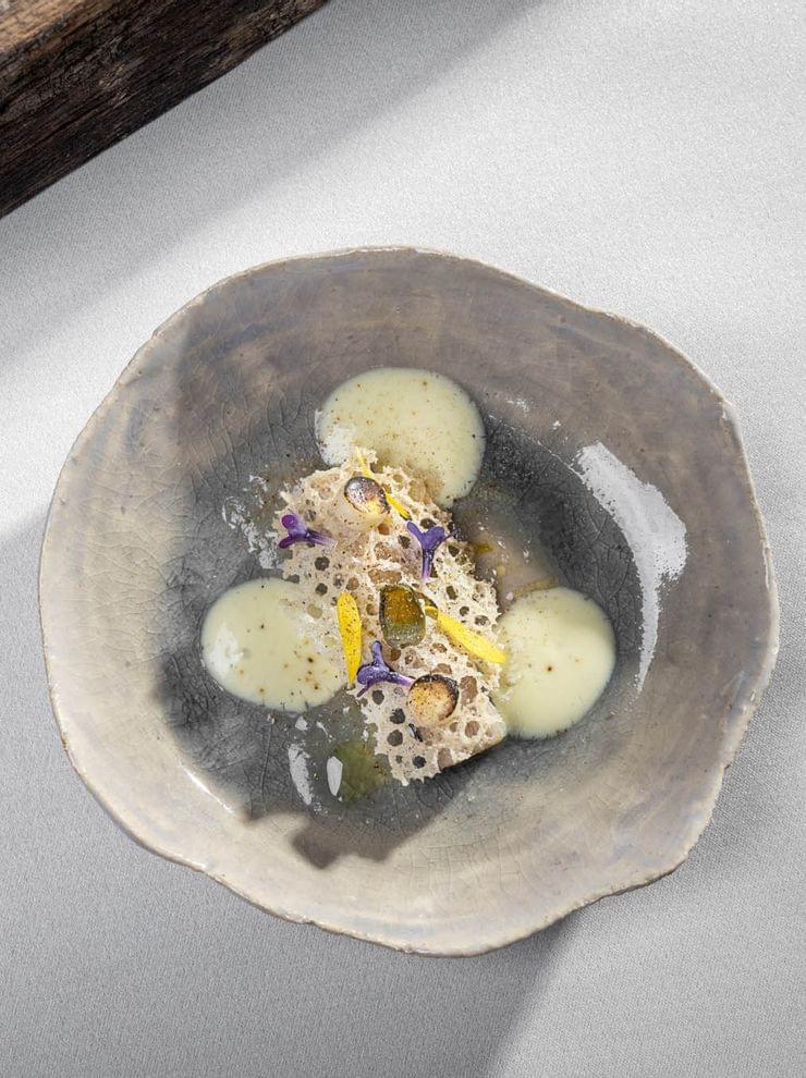 Gourmetgericht mit Schaumsoße, essbaren Blüten und knusprigen Elementen in einer rustikalen Keramikschale